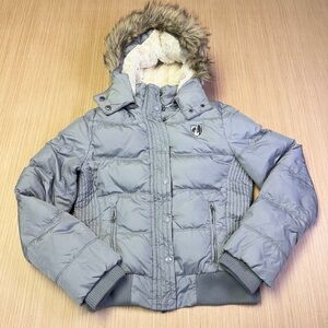 American Eagle Womens Large Y2K Down Puffer Jacket Fur Hood Coat Crop Coquette